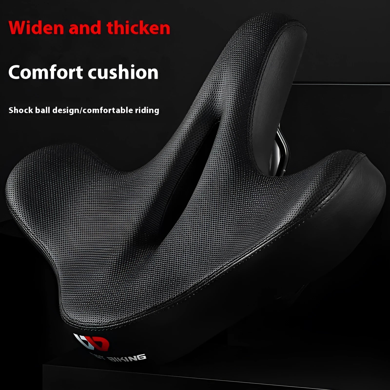 Black large thick bicycle saddle cushion made of polyurethane foam for shock absorption.
