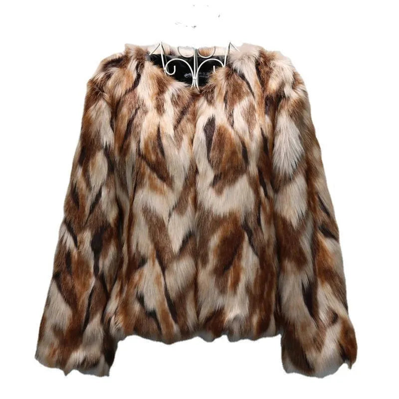 Korean slim-fitting women's faux fur coat in street fashion style on a hanger.