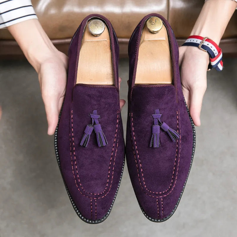 Men's suede matte leather shoes in purple or blue, flat heel, low tube, sizes 38-48, artificial PU upper, plastic sole.
