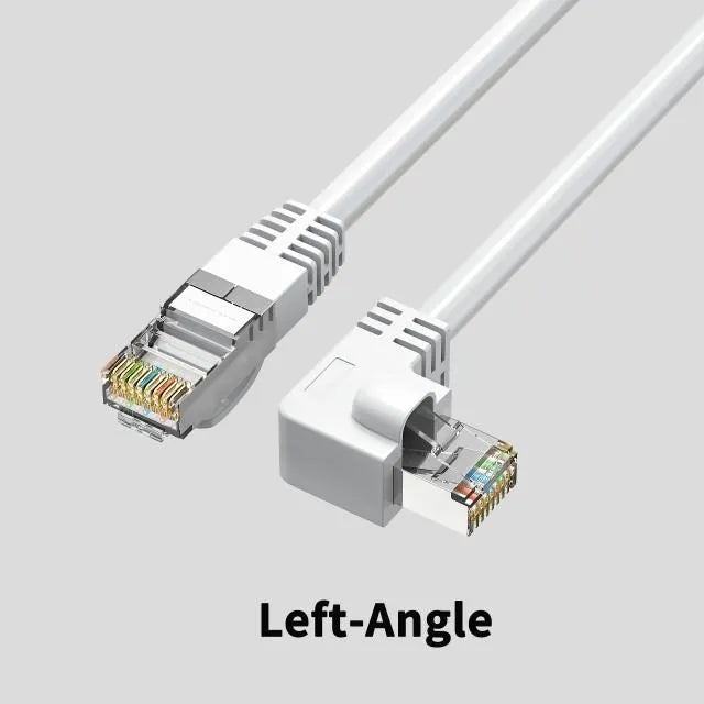 Cat6 Ethernet cable with a right-angle black RJ45 connector alongside cables in white, red, and yellow.