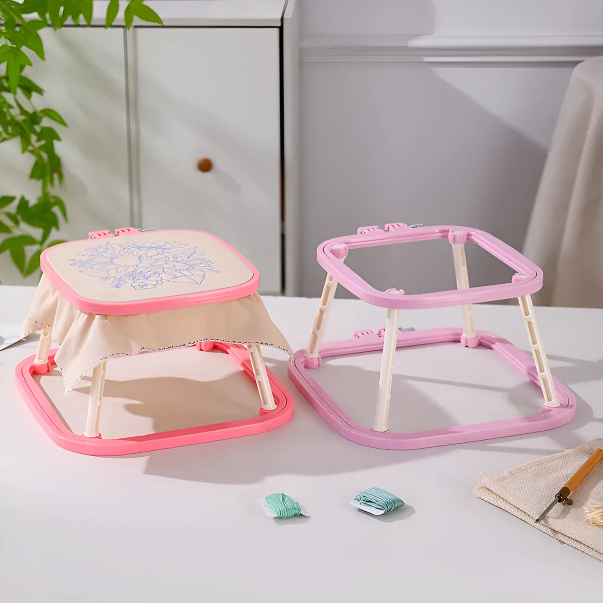 Double-layer ABS desktop embroidery frame with cotton cloth, adjustable stand, in light purple or watermelon red