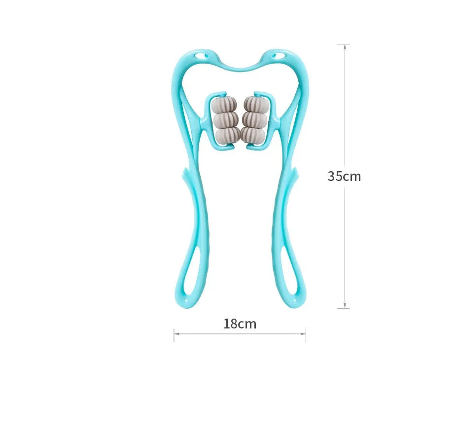 Blue swan-shaped manual neck massager with six white wheels and a natural crystal jade scraping board.