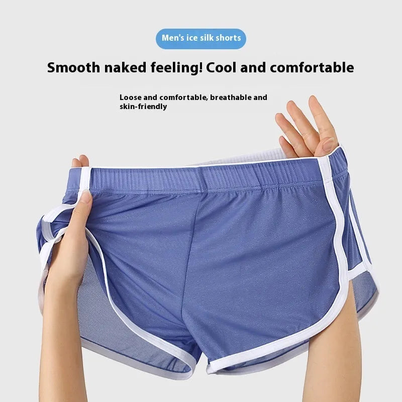 Men's ice silk mesh boxers in low-waist design showing ultra-thin fabric texture