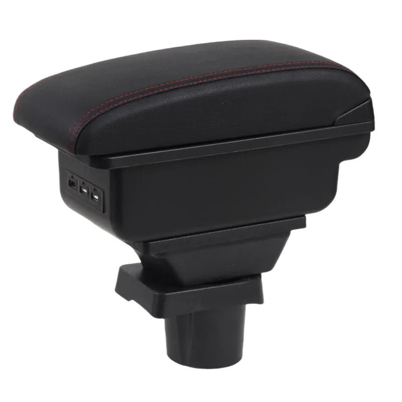 Plastic car armrest box for pure electric vehicles with USB charging and double storage in black and red colour option