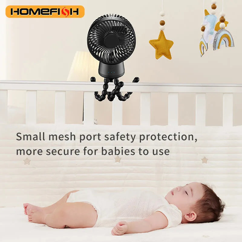 HOMEFISH F2 automatic shake head fan with clip, bracket, LED light, and removable front mesh.