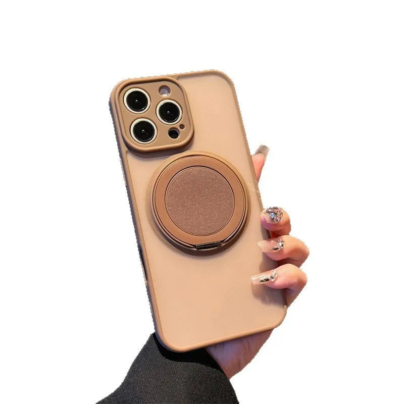 Frosted magnetic rotating bracket phone case for iPhone 17 shown in desert gold colour with bracket extended