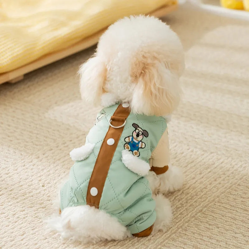 Warm thick Maillard pocket patch four-legged cotton coat for dogs in green, lying on a surface