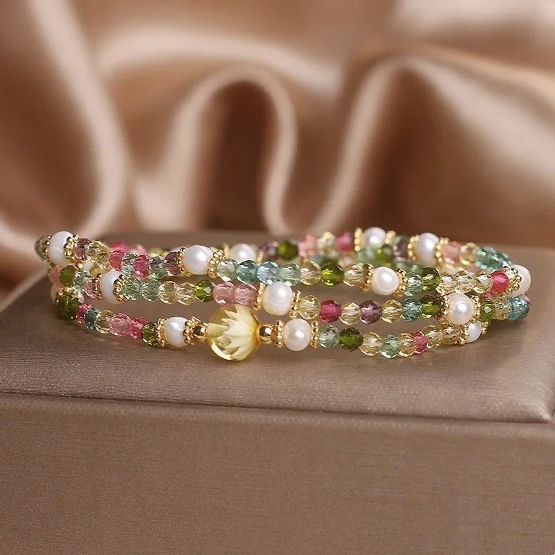 Natural tourmaline multi-layer bracelet with small rice-shaped beads in three circles, ethnic style for women