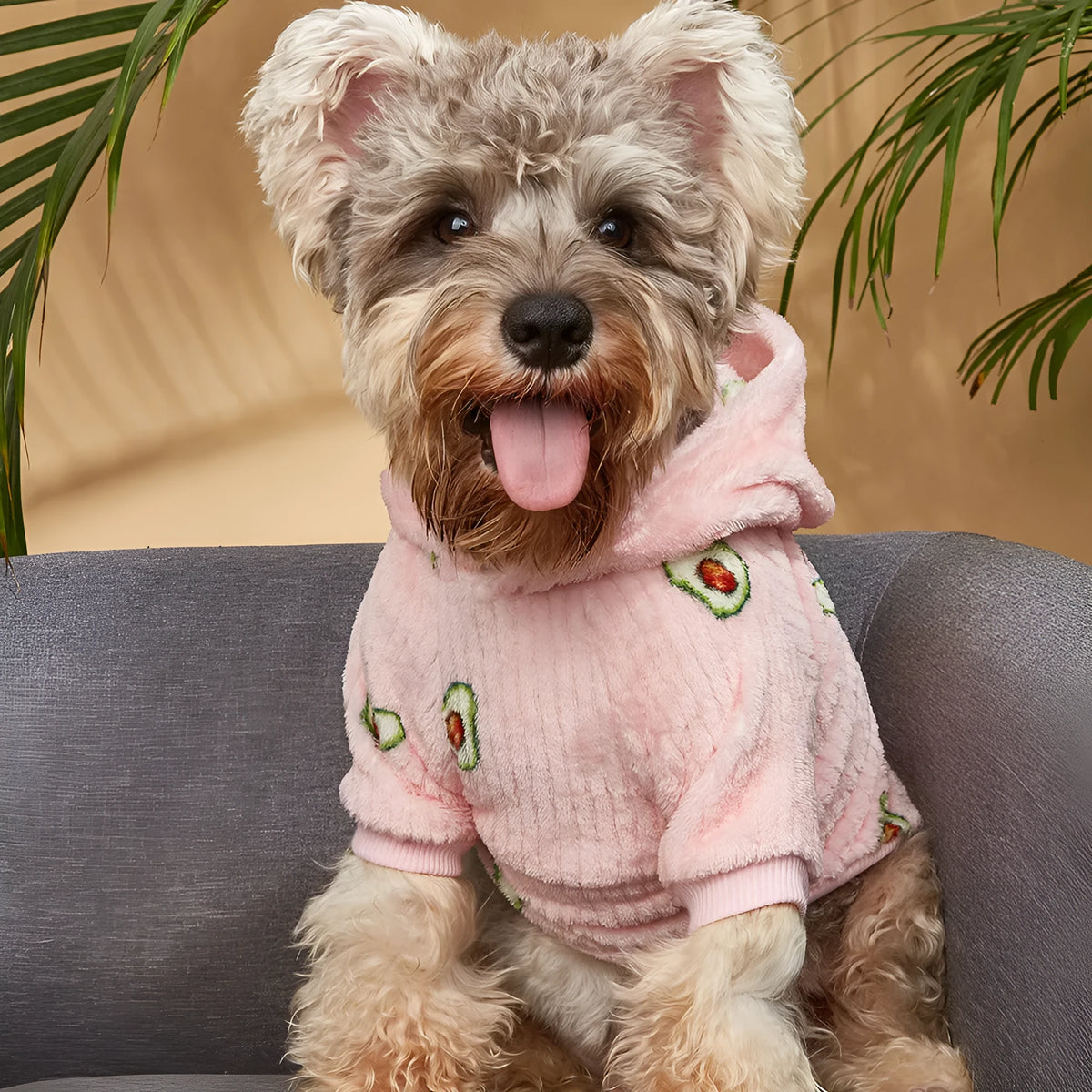 Pink polyester pet hoodie with avocado print for cats and dogs, sizes XS to XL