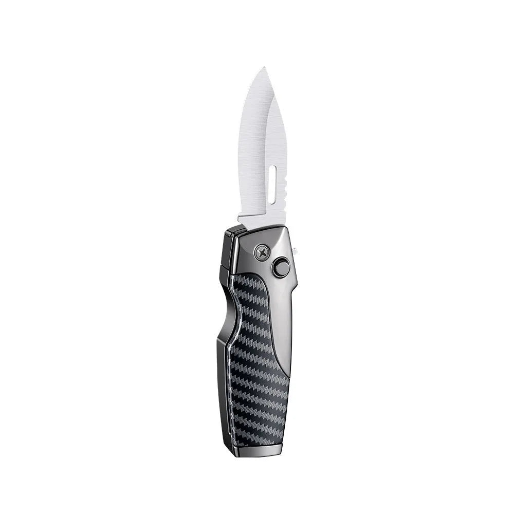 Zinc alloy metal folding knife lighter in a selection of black, gold, and silver finishes with wood, carbon fibre, and camouflage textures.