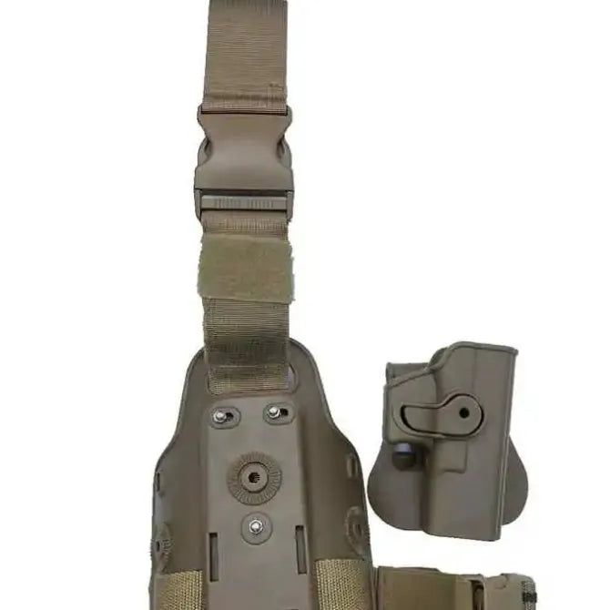 Green tactical leg holster bag with waist plate and quick-pull plastic construction for outdoor sports