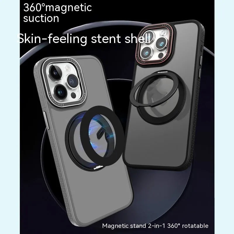Black silicone phone case with rotary invisible bracket for iPhone, showing magnetic adhesive side and frosted finish