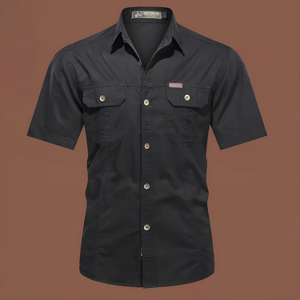 Men's short sleeve cotton work shirt in a loose cardigan style, shown in army green colour.