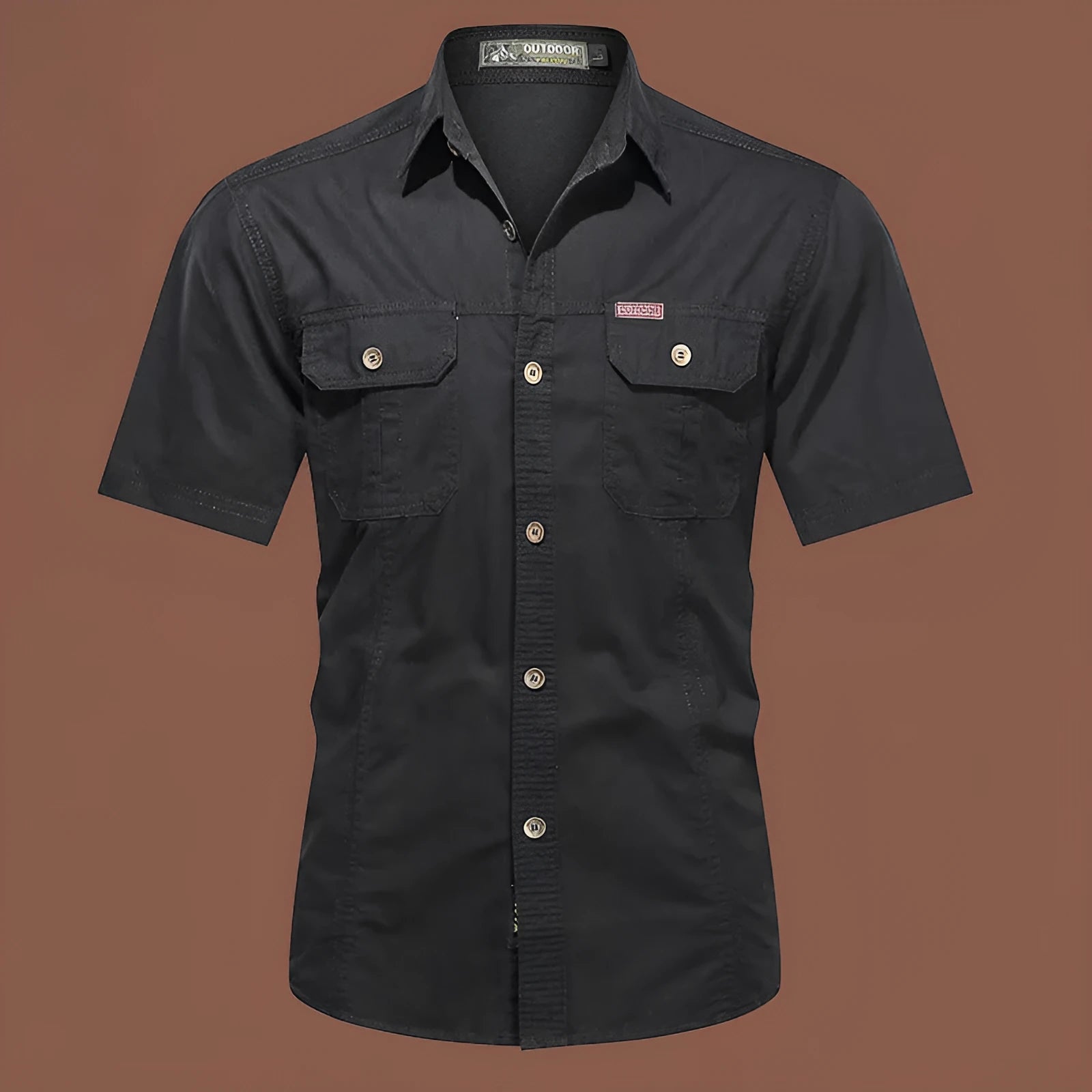 Men's short sleeve cotton work shirt in a loose cardigan style, shown in army green colour.