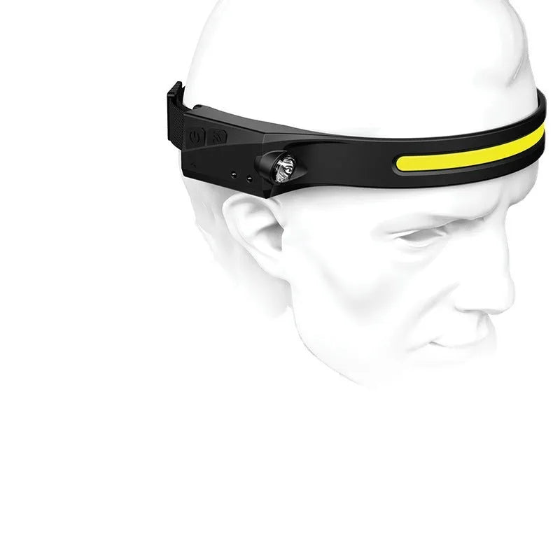 Black silicone rechargeable headlamp with LED lights, shown with wide beam and long-range illumination for outdoor use.