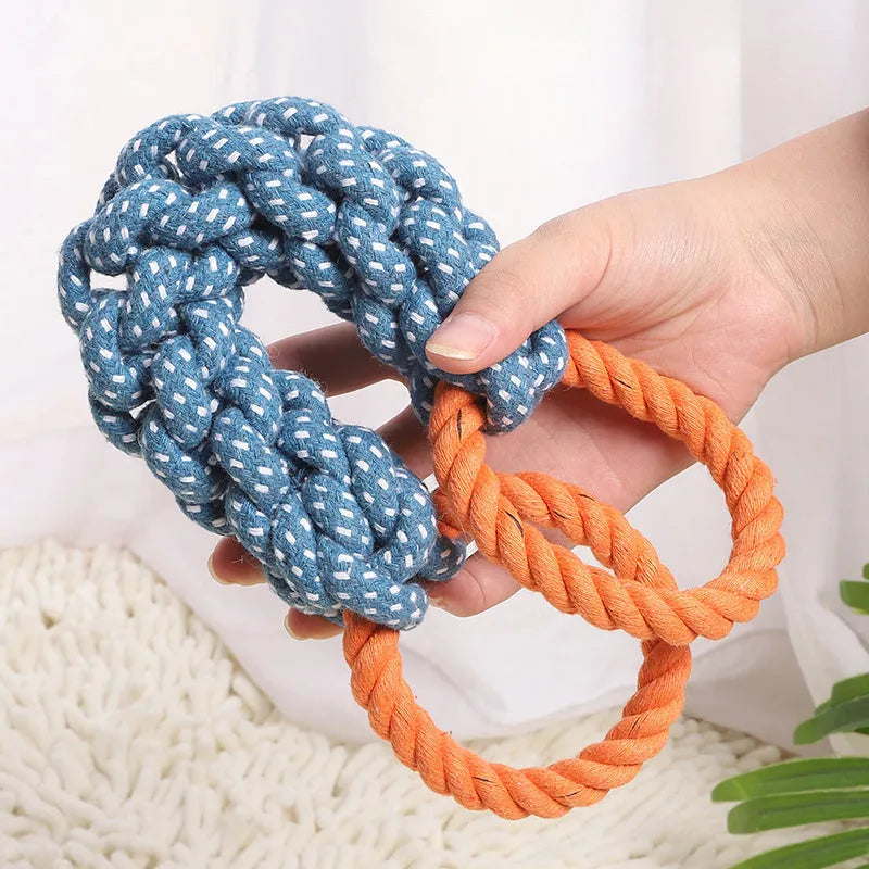 Blue double-ring braided cotton bone dog chew toy for teeth cleaning.
