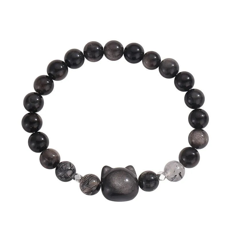 Obsidian cat couple bracelet with electroplated silver finish in silver stone or white agate colour options
