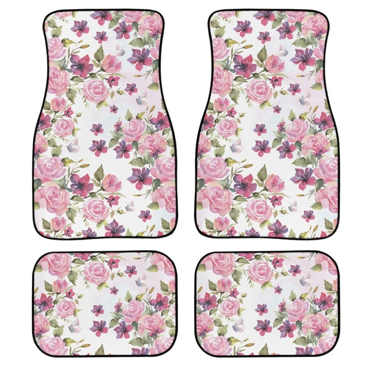 Four-piece set of black printed rubber car floor mats with textured surface.