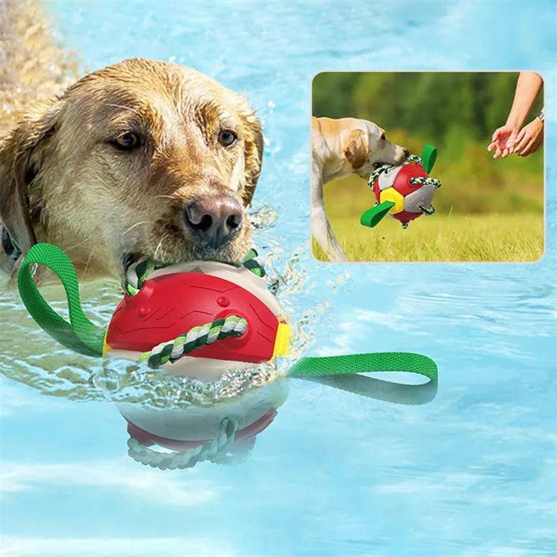 Interactive dog football soccer ball with tabs in blue and yellow, flattened into a frisbee shape with cotton rope around edge