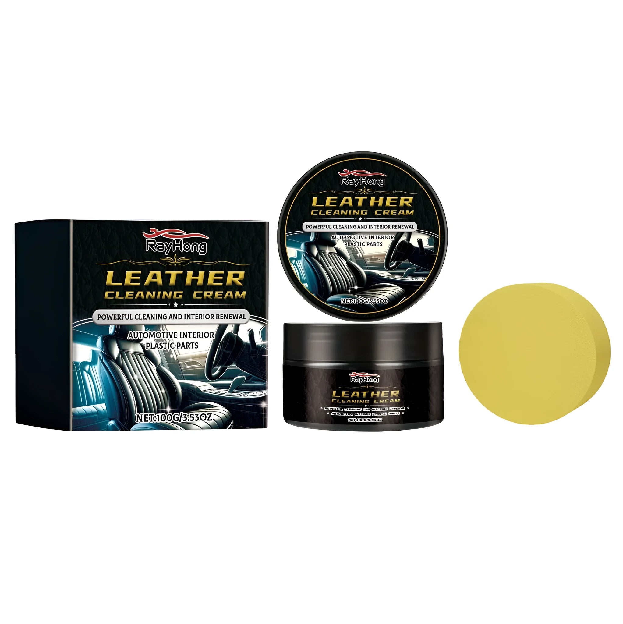 100g bottle of leather cleaning cream and a white sponge for cleaning car and home leather goods.