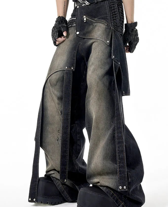 Deconstruction worn jeans for teenagers, cotton denim with zip front, in sizes S M L XL