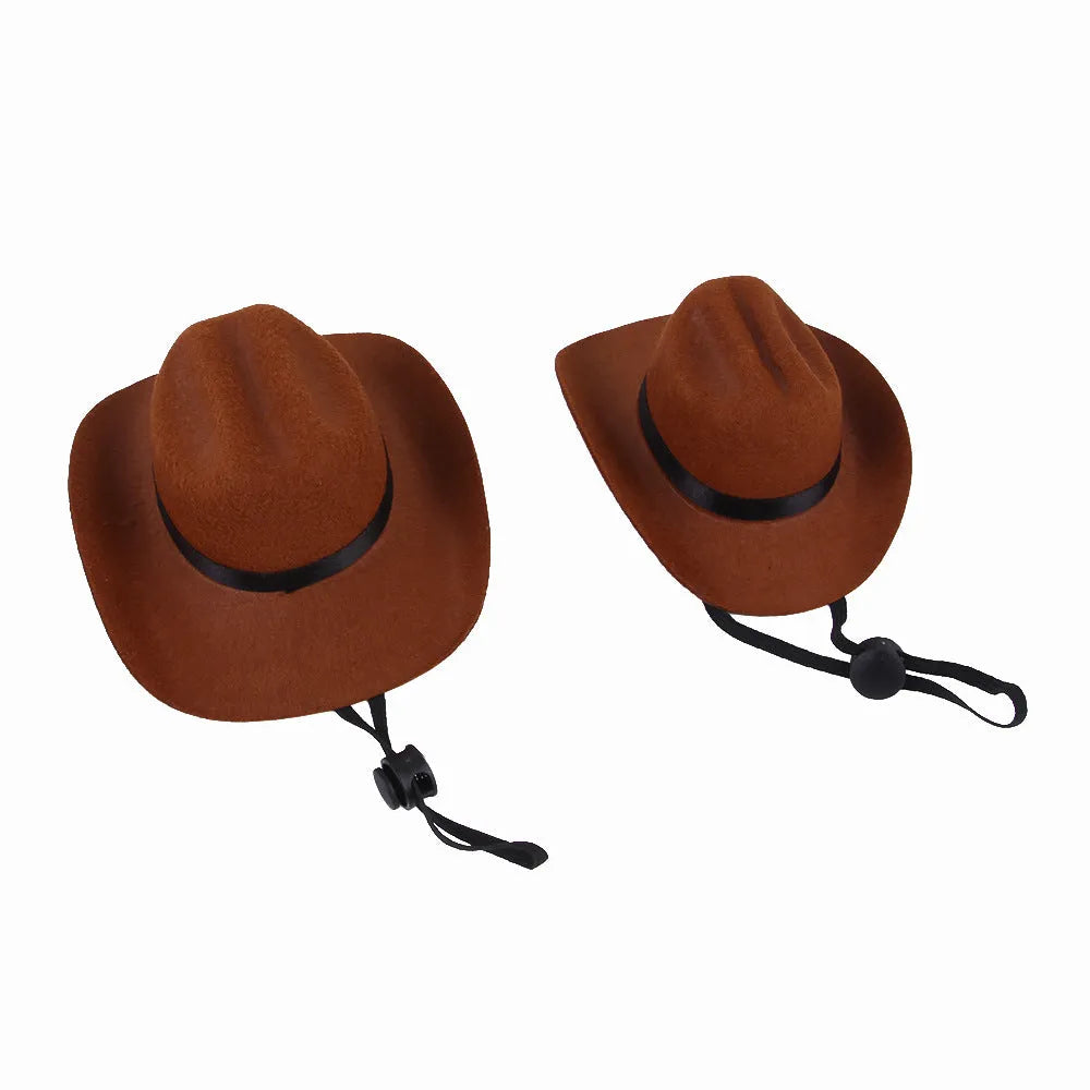 Adjustable cowboy hat for pets in black, brown, burgundy, or coffee on a dog