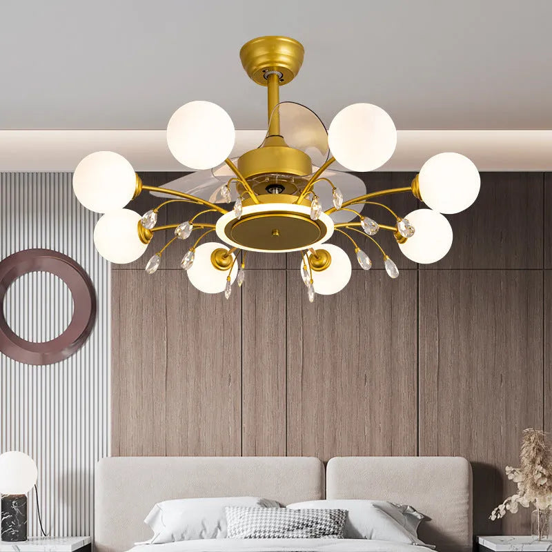 Black and gold ceiling fan lamp chandelier with acrylic shade and metal blades