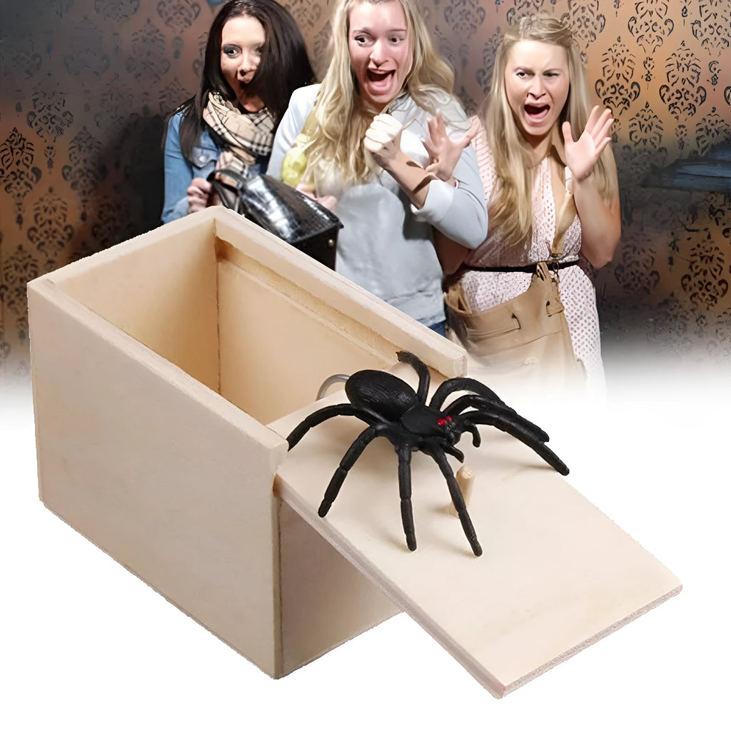 Wooden prank scare box measuring 9.1cm with a random jumping animal surprise inside