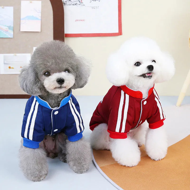 Red V-neck cotton dog coat on mannequin showing splicing design and thick fabric texture
