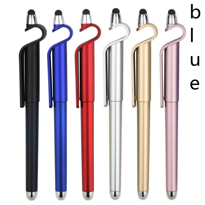 Black and blue multifunctional pen with touchscreen stylus tip and built-in mobile phone holder.