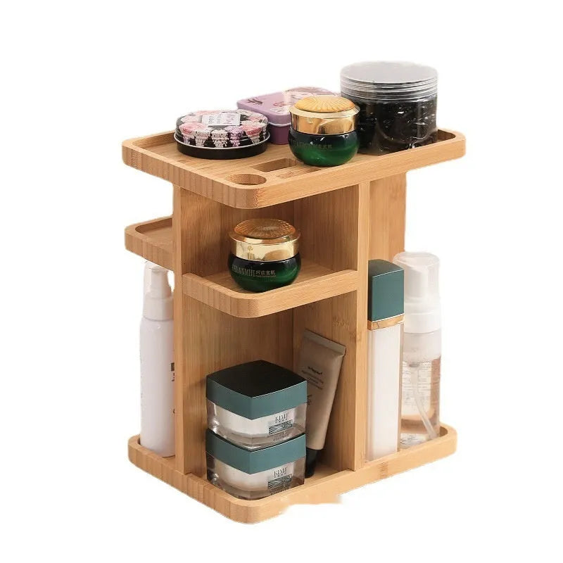 Natural bamboo rotating storage rack with multi-layer grid shelves for home organisation