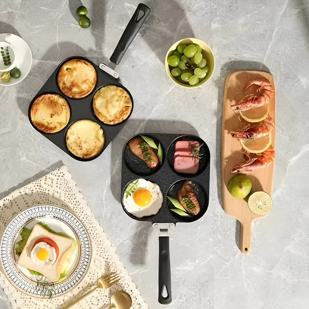 Four-hole non-stick frying pan with medical stone coating and bakelite handle for breakfast cooking