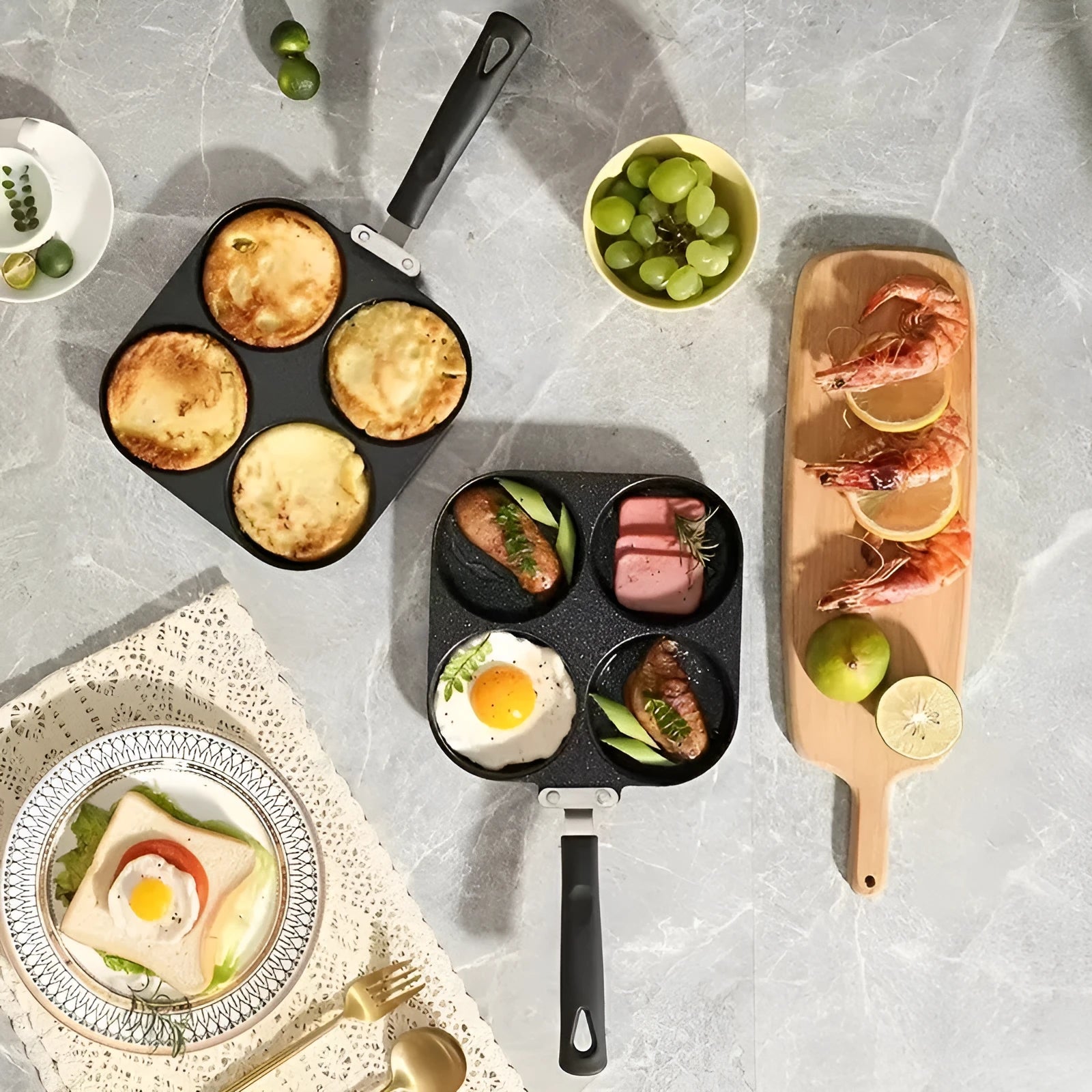 Four-hole non-stick frying pan with medical stone coating and bakelite handle for breakfast cooking