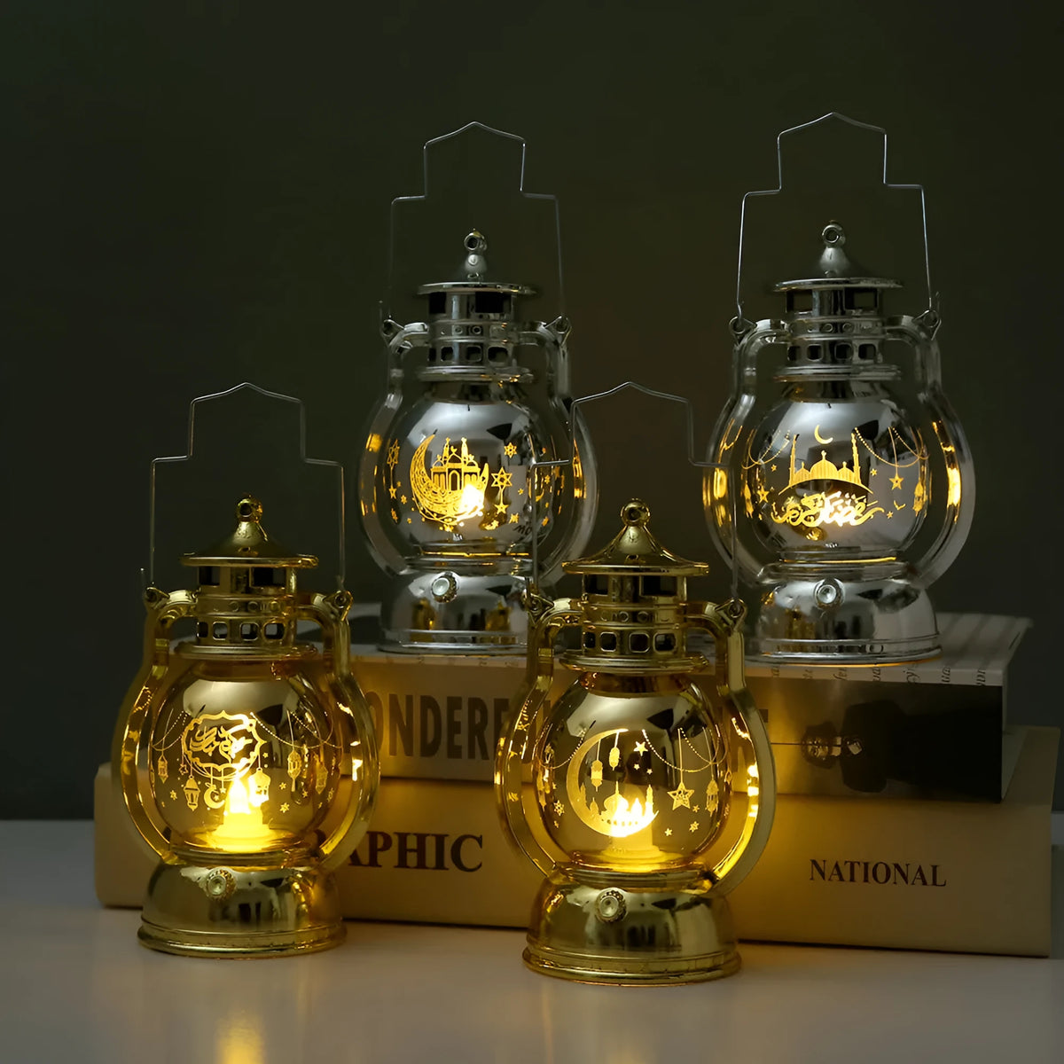 Gold or silver Eid Mubarak LED lantern with A1 or A2 laser carved pattern, 12.5cm tall plastic decoration