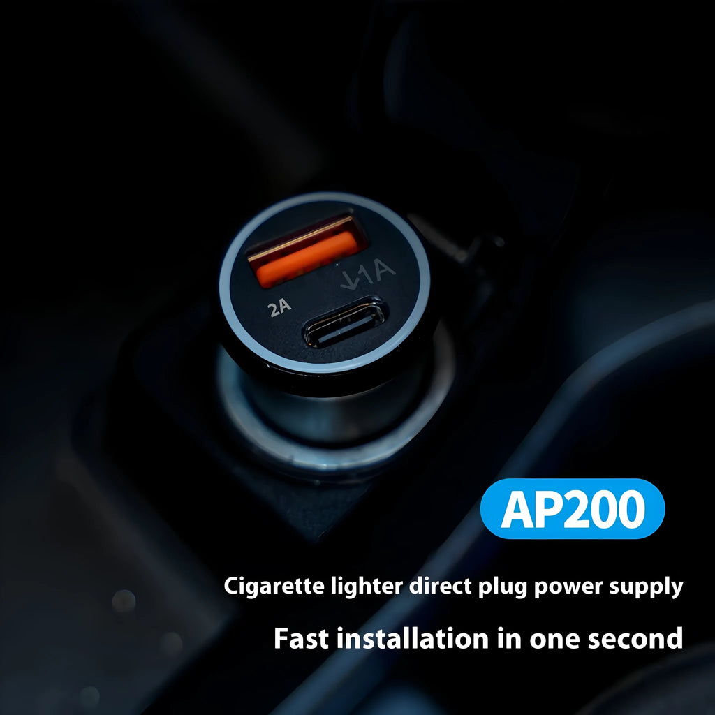 Black ABS plastic GPS car locator tracker with a 12V plug for vehicle charging ports.