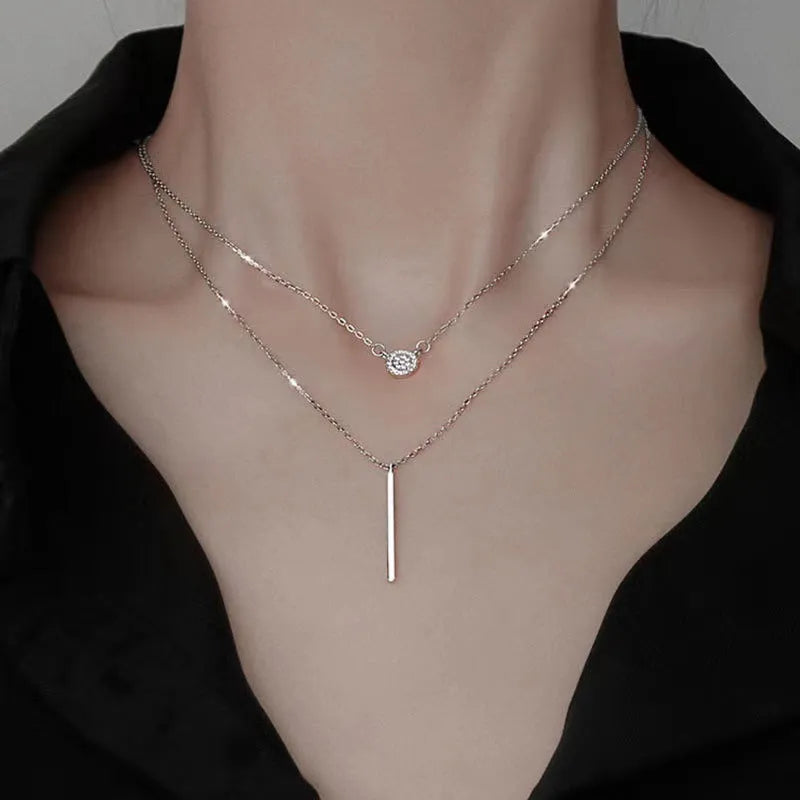 S925 silver double chain long stick pendant necklace with micro pave zircon round stone, white gold colour