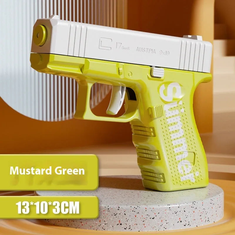 Children's manual plastic water gun with continuous hair mechanism, multiple colour options including transparent black, blue, red, and Glock styles