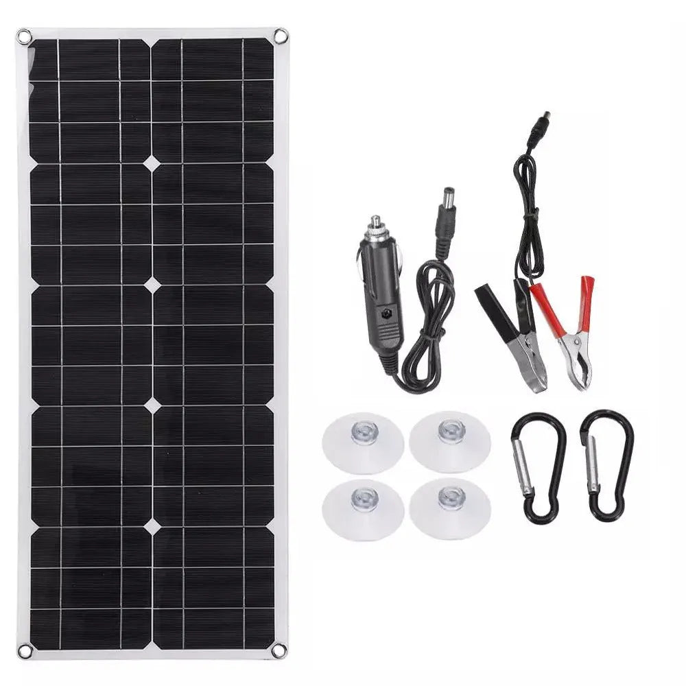 30W semi-flexible solar charging panel showing USB and DC output ports
