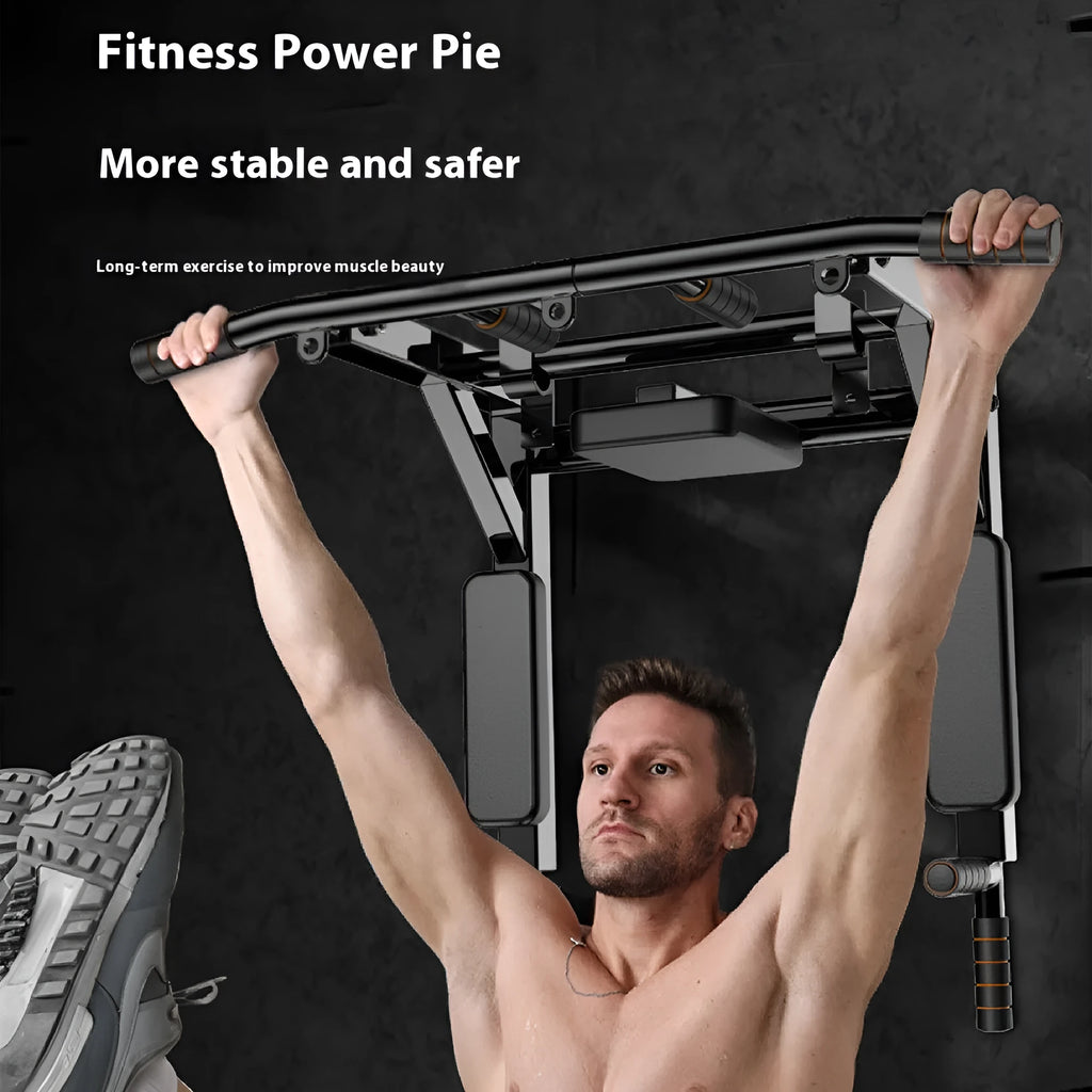 Black wall-mounted steel fitness equipment with parallel bars and sandbag rack attachments for home gym training