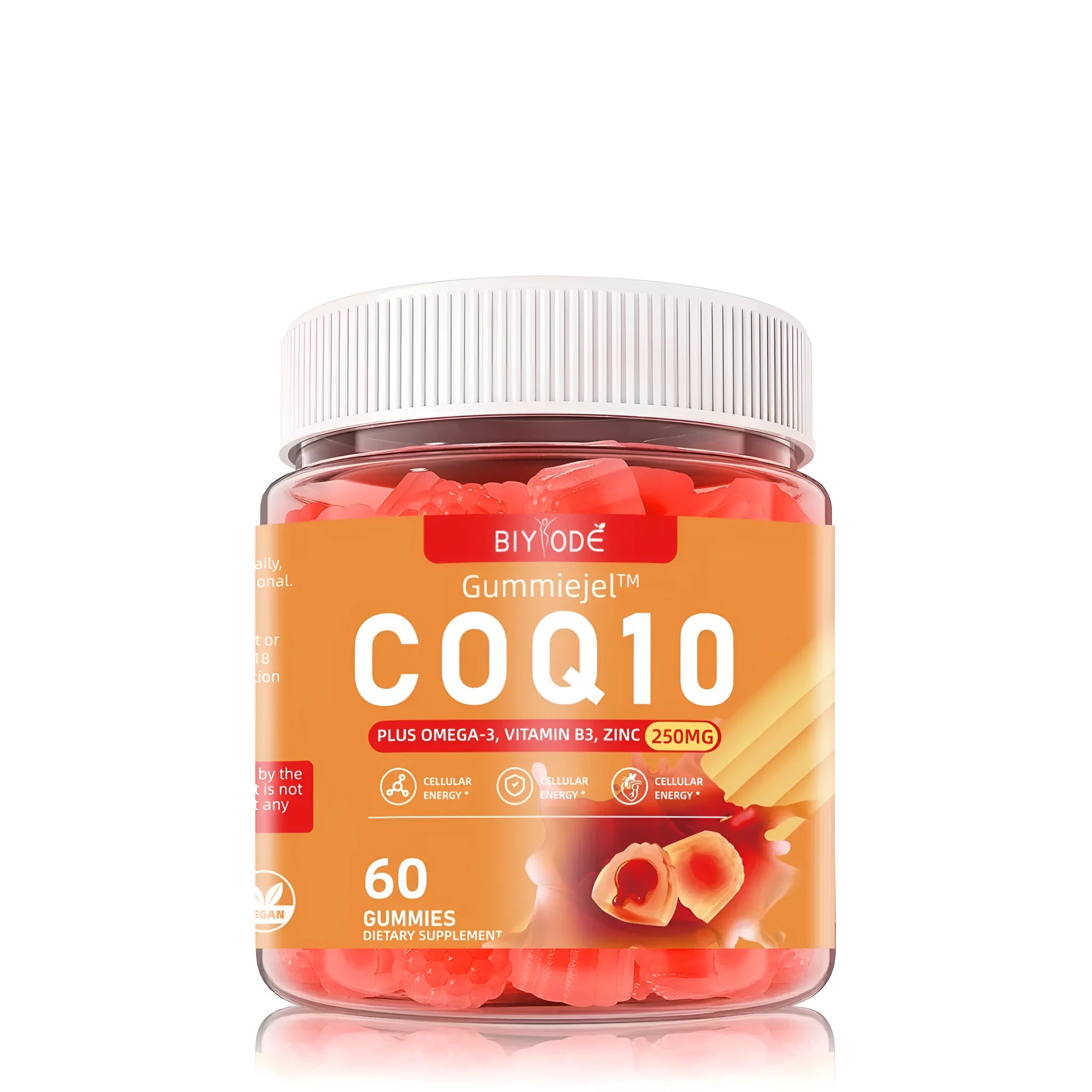 Bottle of CoQ10 gummies for heart and blood health with zinc and omega-3, 60 gummies per bottle