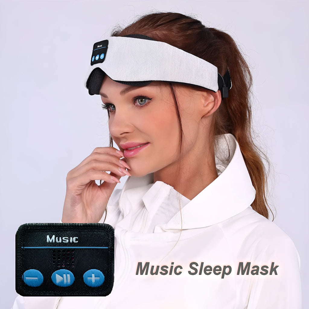 Grey outline Bluetooth sleeping eye mask with integrated wireless headphones for pressure-free music during sleep