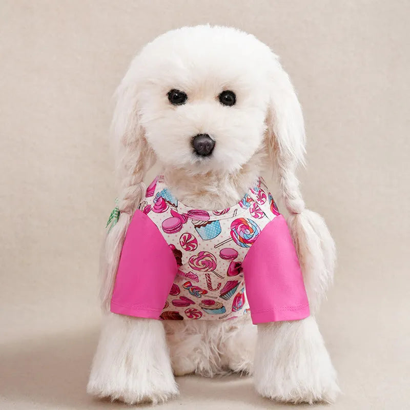 Printed polyester dog t-shirt showing full design, available in sizes S to XXL for dogs 1.50kg-8.00kg