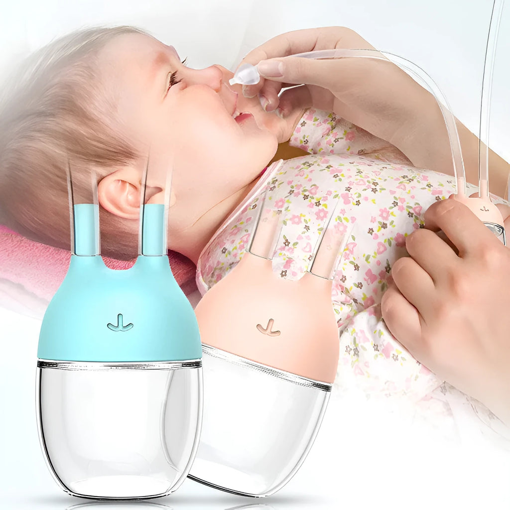 Mouth suction baby nasal aspirator with silicone soft tip and transparent storage tank in pink or light blue