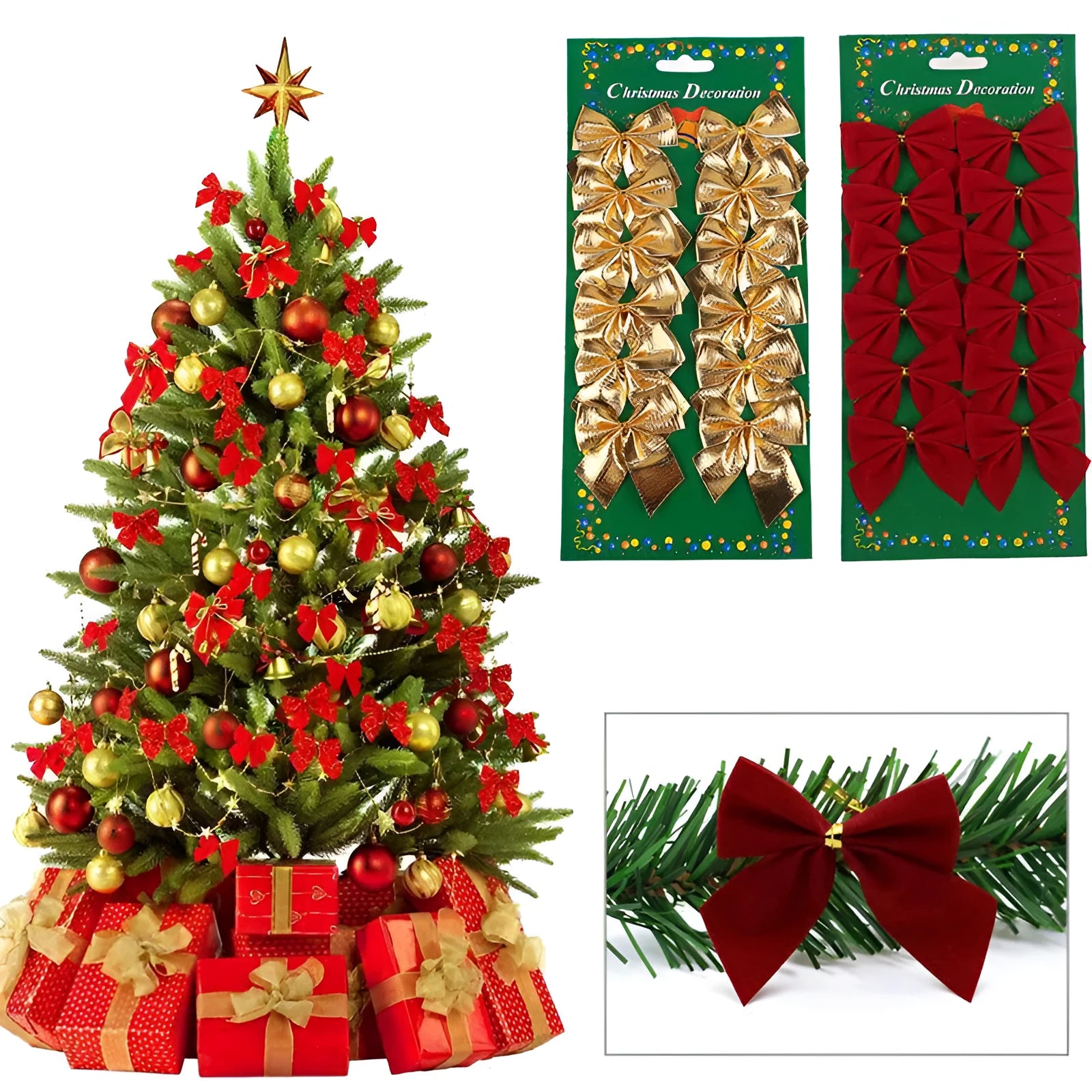 5 cm gold, red, red-gold, and silver polyester Christmas tree bow decoration with ribbon.
