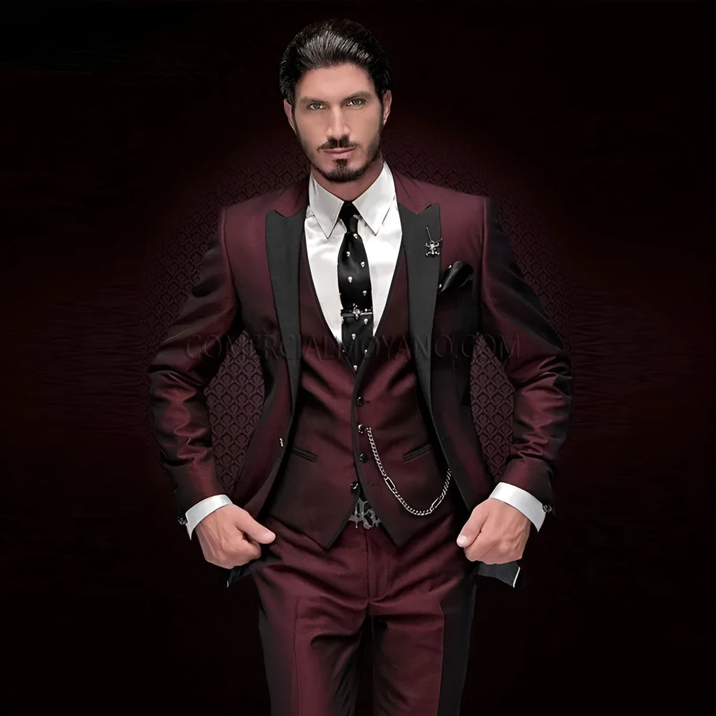 Men's three-piece wine red wool serge suit with slim fit, includes waistcoat, coat, and trousers