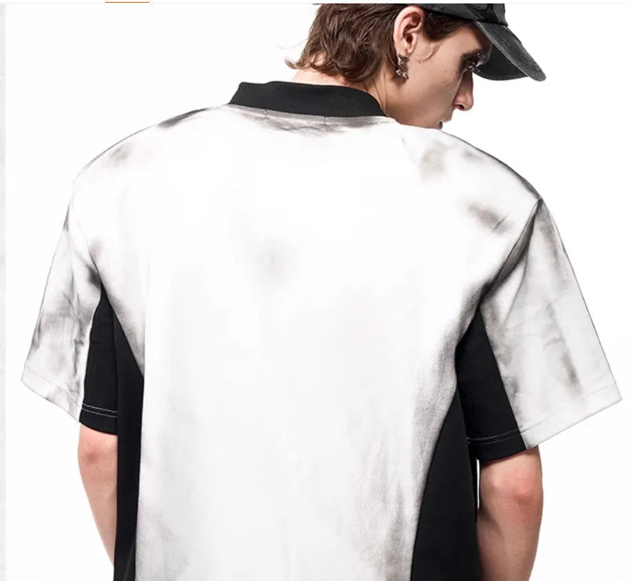 Women's V-neck short sleeve printed top with padded shoulders in Korean style