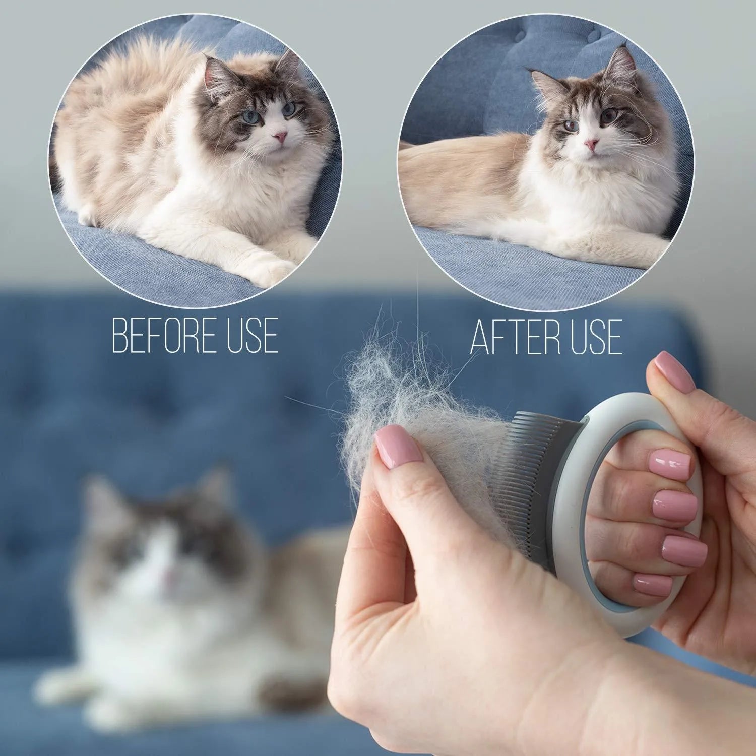 Blue plastic pet grooming comb for deshedding cats and dogs on a white background.