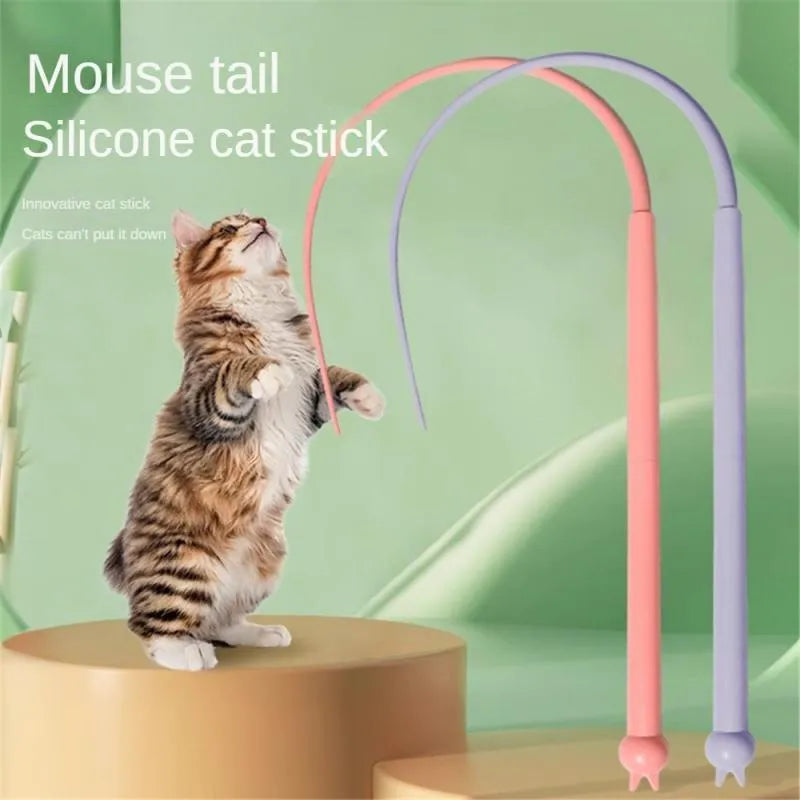 Blue cat teaser stick with silicone mouse tail extended to 80cm length beside pink version