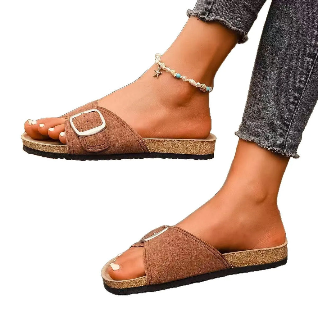 Women's belt buckle open toe sandals in solid colour with canvas upper and composite sole