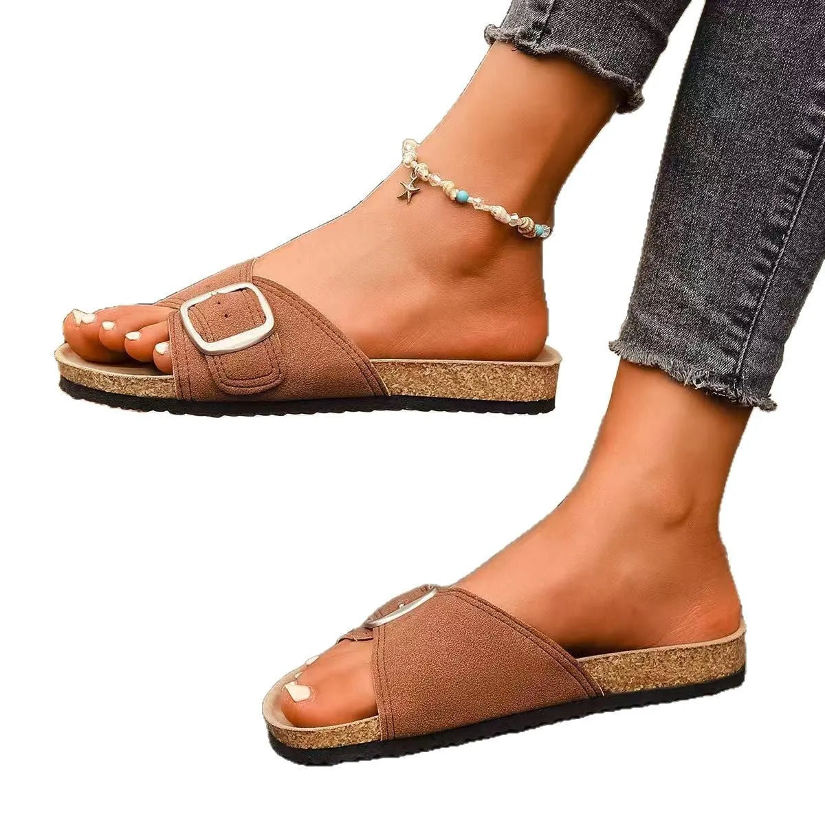 Women's belt buckle open toe sandals in solid colour with canvas upper and composite sole